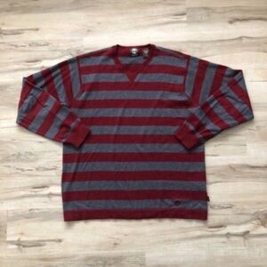 Timberland Men's Long Sleeve Gray and Red Striped Tee